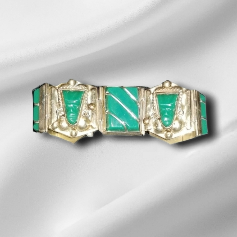 🏞Vintage mexican silver Green Obsidian carved